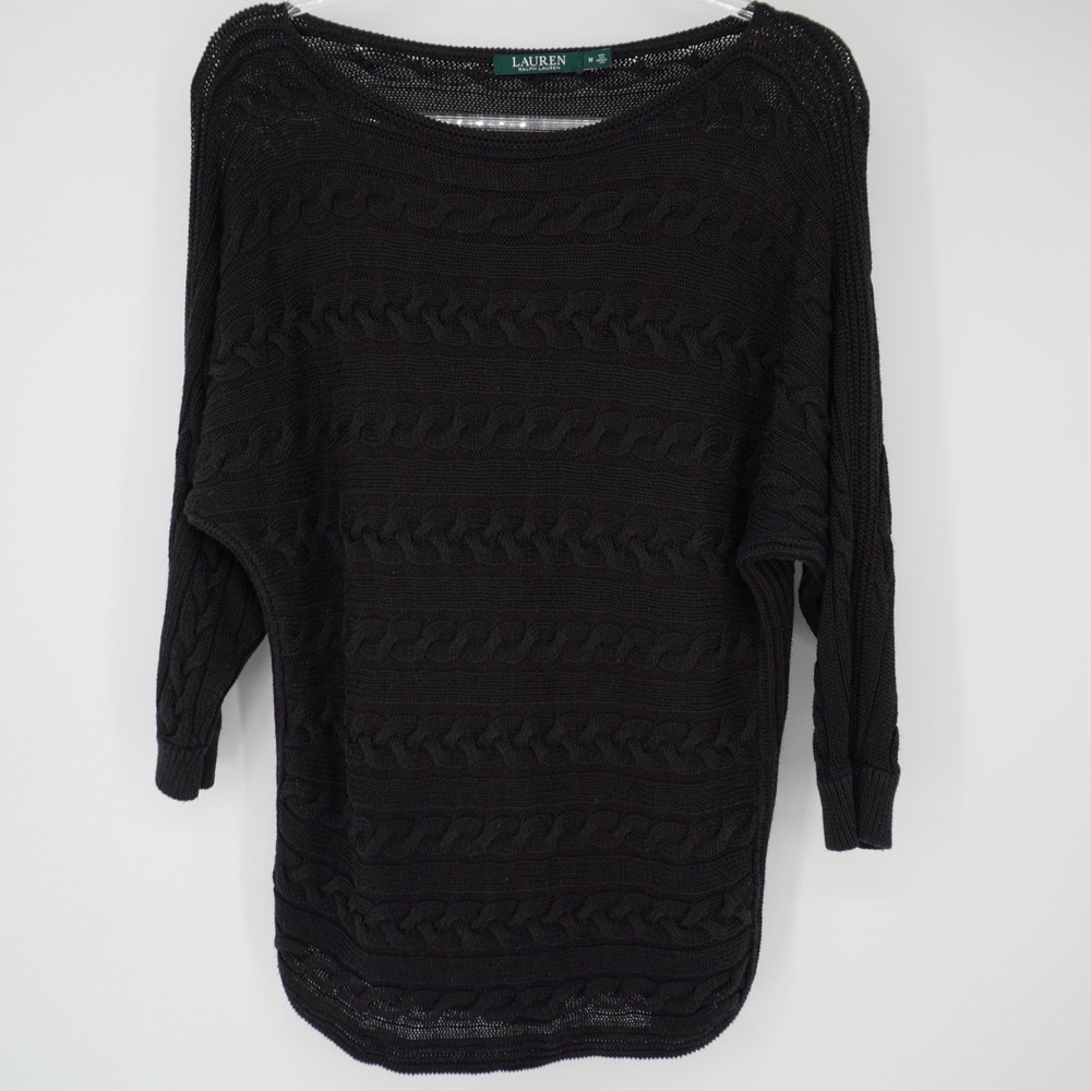 Lauren‎ Ralph Lauren Crochet Sweater Women's Medium Open Knit Black Preppy